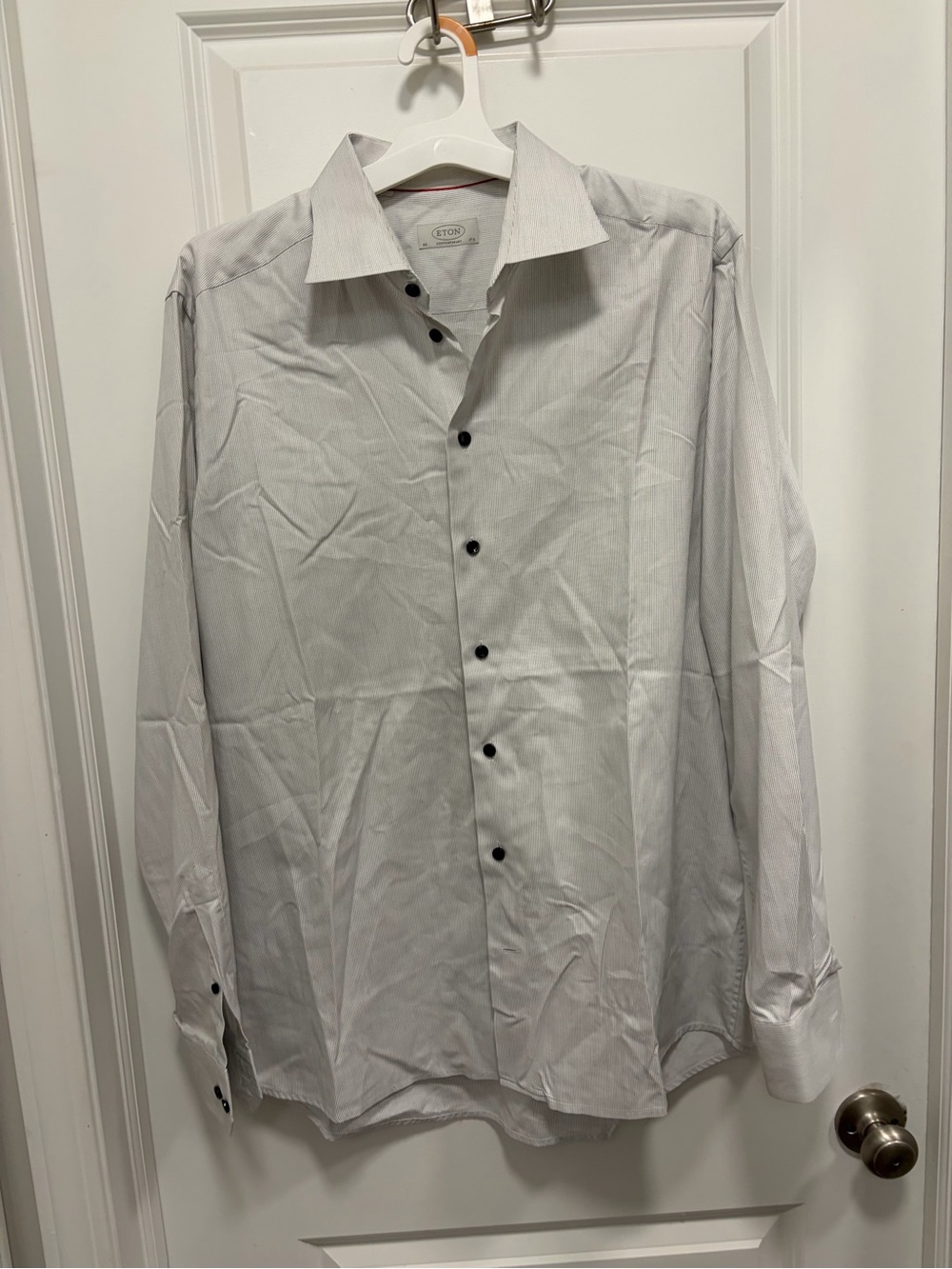 Eton Contemporary Dress Shirt Mens 44, 17.5 White W/ Gray Stripes L/xl EUC